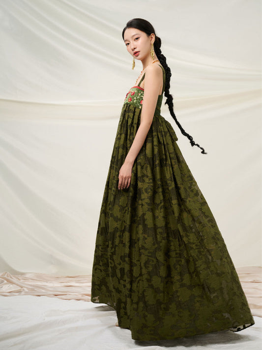New Chinese Style Embroidered Summer Flower Dress - Forest Glow 挂绿