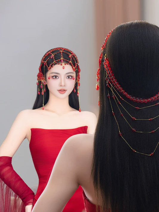 Blossoms in Red Veil - exotic Dunhuang bridal hair accessories set, tassel forehead pendant wedding headpiece — side profile