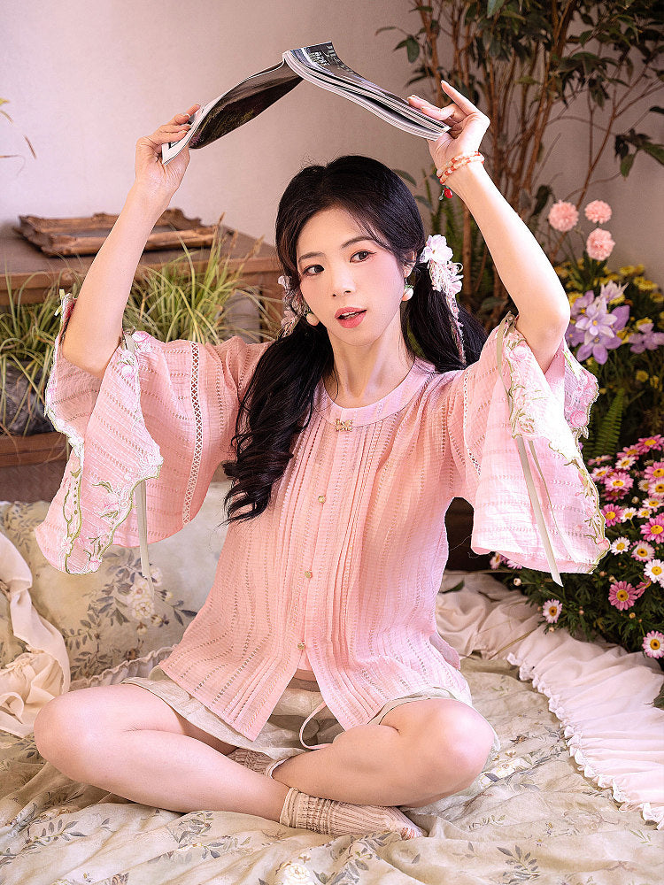 Ming Dynasty Modern Hanfu Half Sleeve Top and Mini Mamianqun - Peach Fragrance 梦桃香