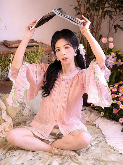 Ming Dynasty Modern Hanfu Half Sleeve Top and Mini Mamianqun - Peach Fragrance 梦桃香