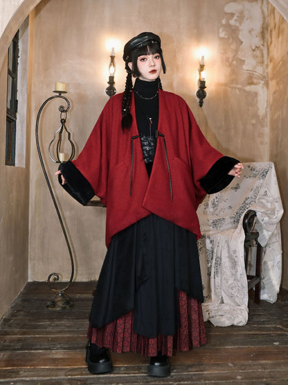 New Chinese Style Woolen Red Cape for Winter and New Year - Zhao Yuan 昭愿