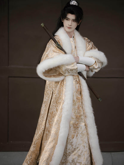 Royalty and Wealth | Tang Dynasty Round Collar Robe and Eco Faux Arctic Fox Gold Woven Fur Coat