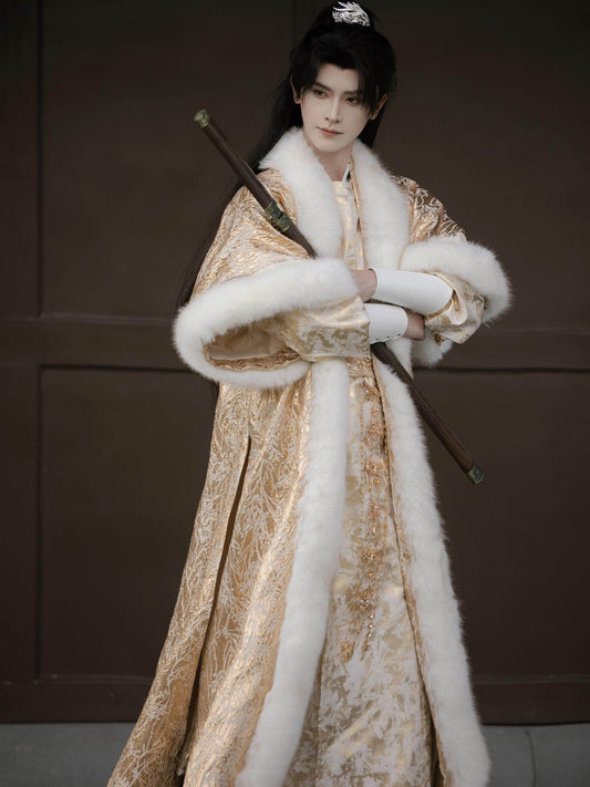 Royalty and Wealth | Tang Dynasty Round Collar Robe and Eco Faux Arctic Fox Gold Woven Fur Coat