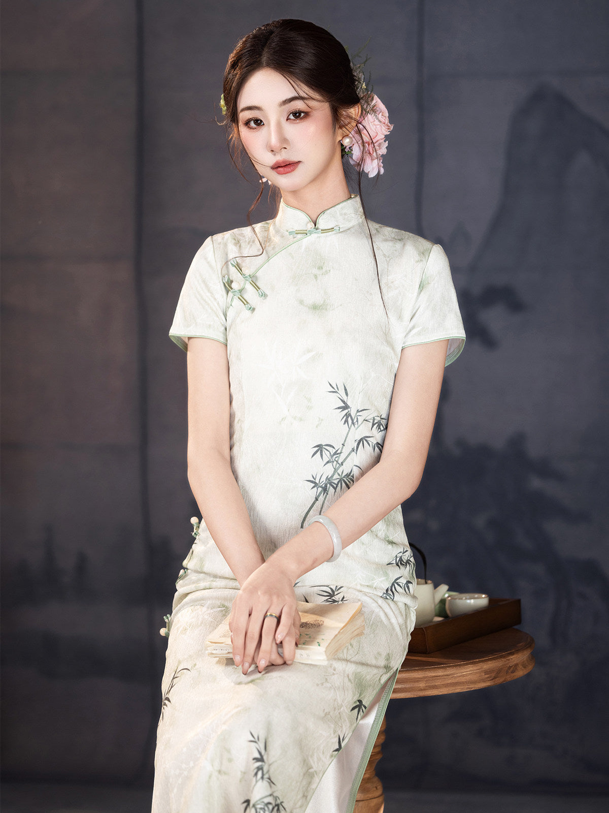 Short Sleeve Floral Midi Cheongsam | Ink
