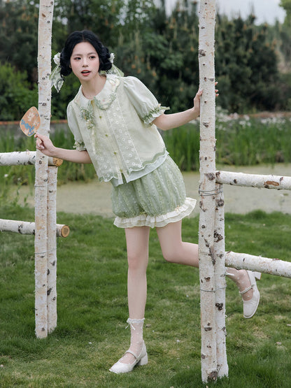 New Chinese Style Summer Short Sleeve Shirt and Bloomers - Meilong Jasmine 玫珑茉莉