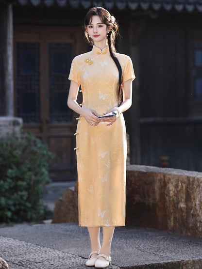 Short Sleeve Butterflies Midi Cheongsam | Soft Glow