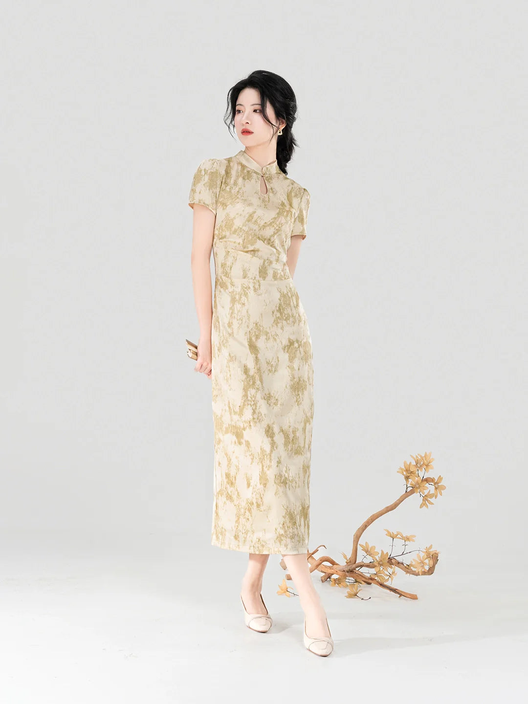 New Chinese Style Short Sleeve Qipao Summer Dress - Apricot Branch 杏枝 (Preorder)