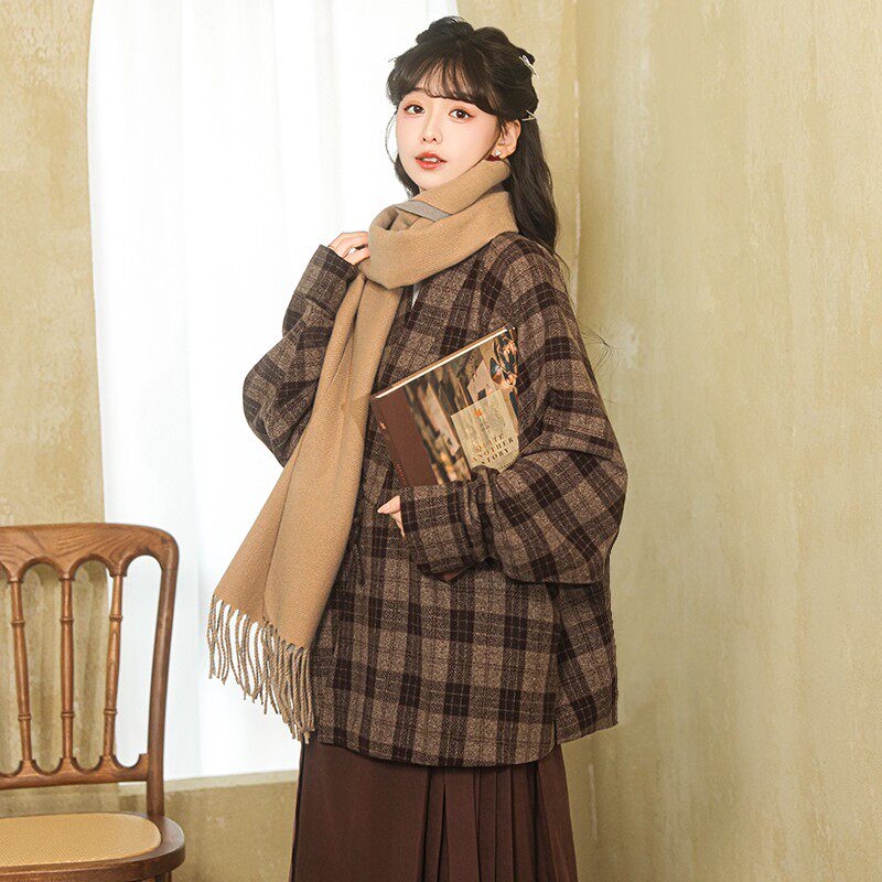 Modern Hanfu Cross Collar Plaid Jacket for Autumn and Winter - Warm Sun 暖阳