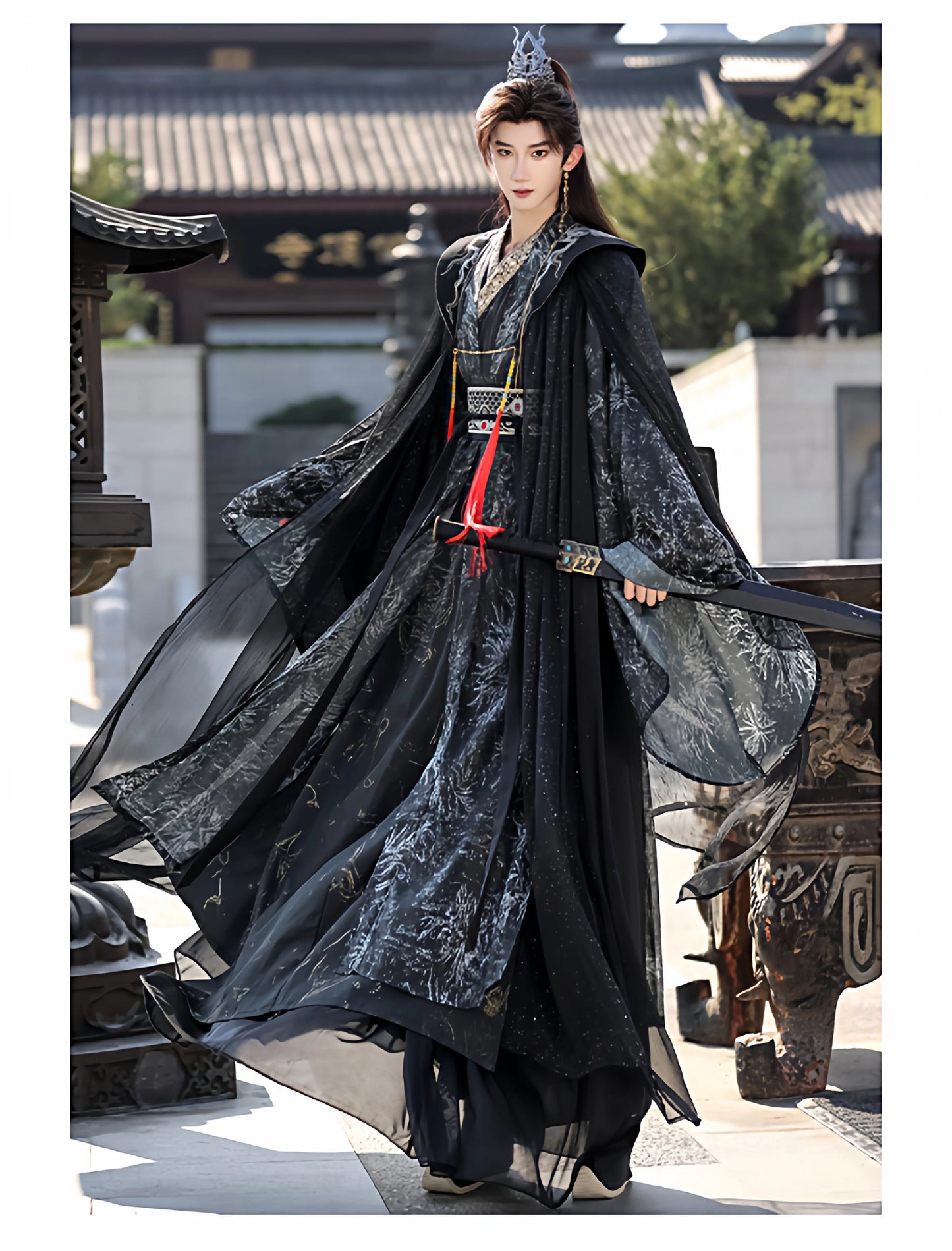 Night Ink Sovereign 夜墨青王 - Unisex Hanfu Cloak Robe in Dark Immortal Style, Song-Inspired Chinese Outfit