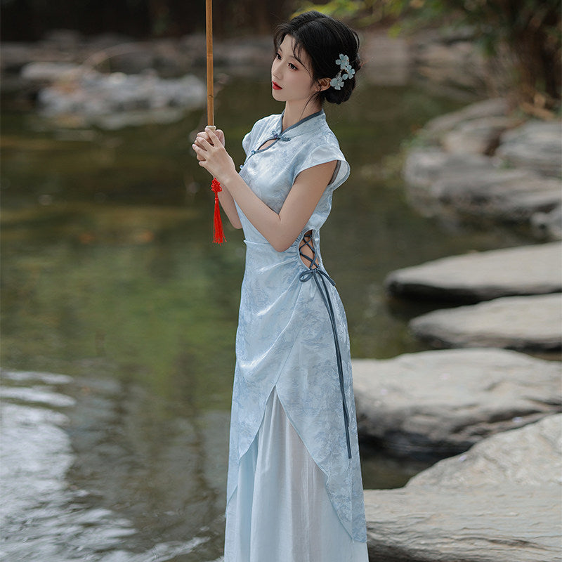 Short Sleeve A Line Long Cheongsam | Hanshuang