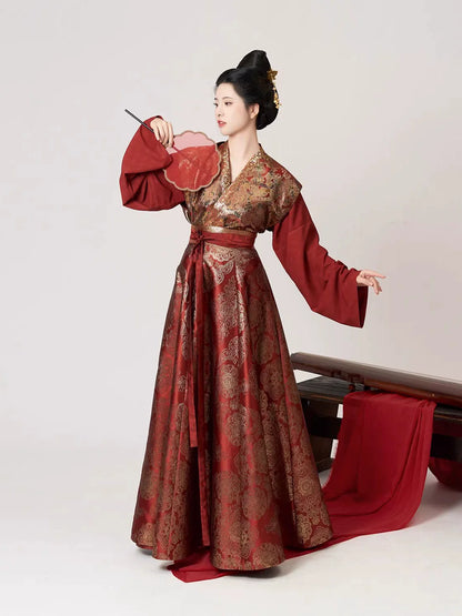 Tang Dynasty Modern Hanfu Set with Beizi Overlay & Flowing Eight-Panel Skirt - Thousands of Years of Autumn 千秋万载 (Preorder)