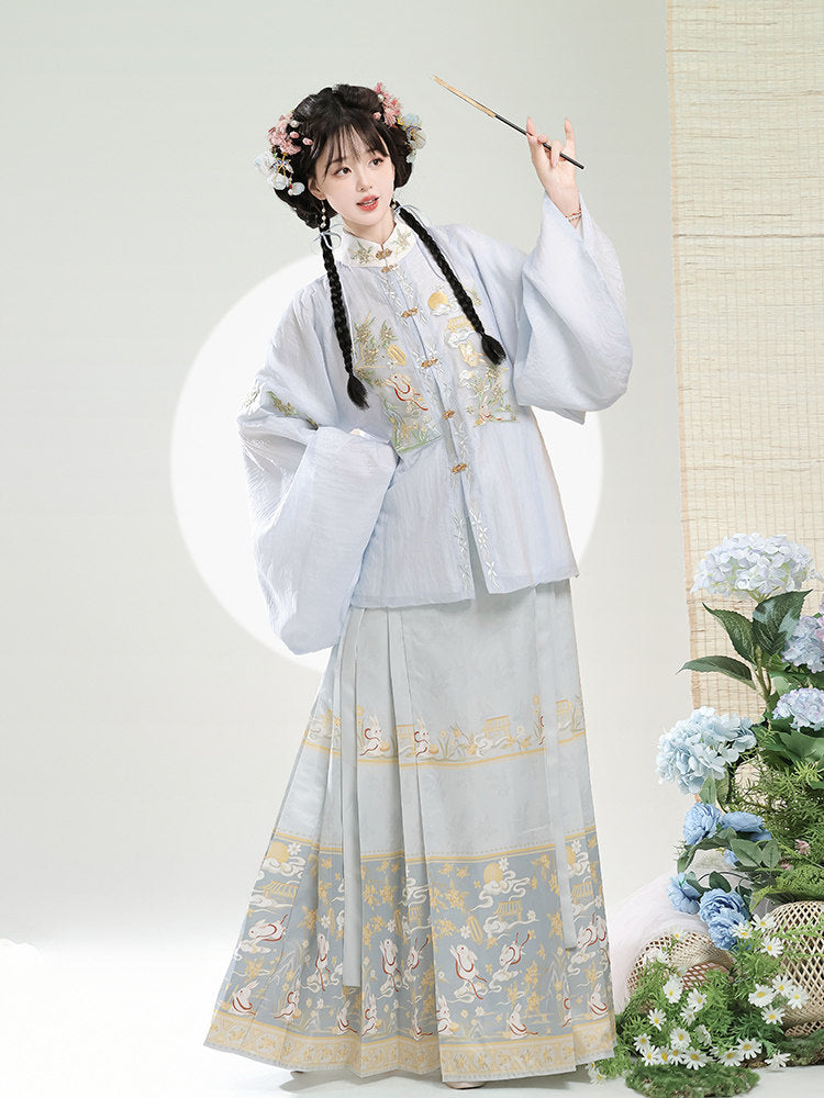 Ming Dynasty Pastel Embroidered Pipa Sleeve Top & Printed Mamian Skirt | Osmanthus Rabbit 桂花兔