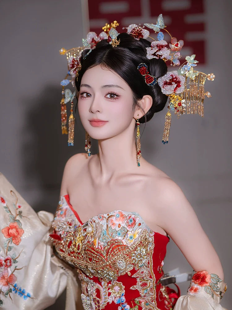 Spark of the Golden Orchid - Gradient Floral Bridal Hair Accessories Light Butterfly Headpiece for Chinese Wedding