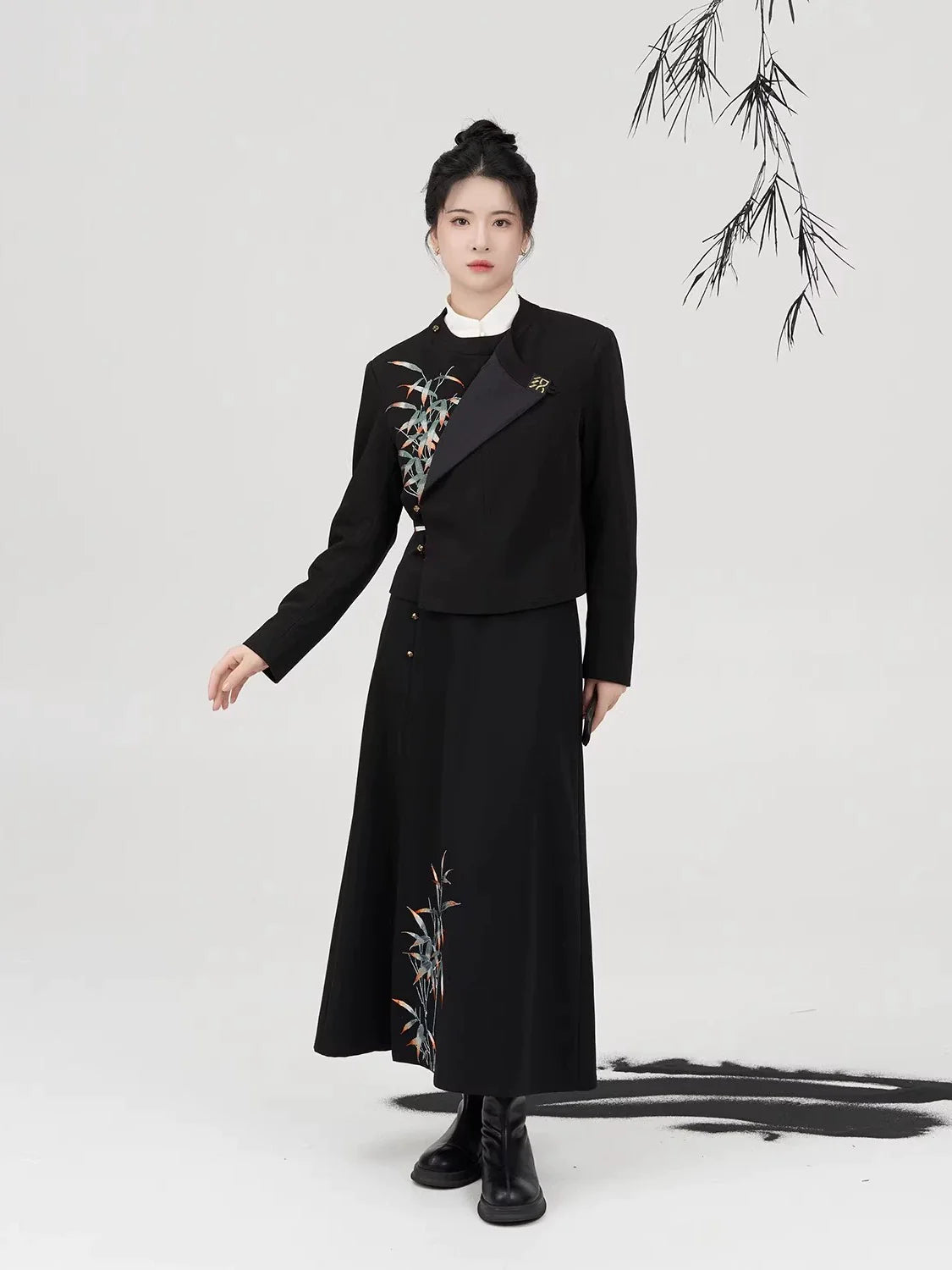New Chinese Style Round Neck Robe Jacket with A-Line Skirt - Qianshi 谦时 (Preorder)