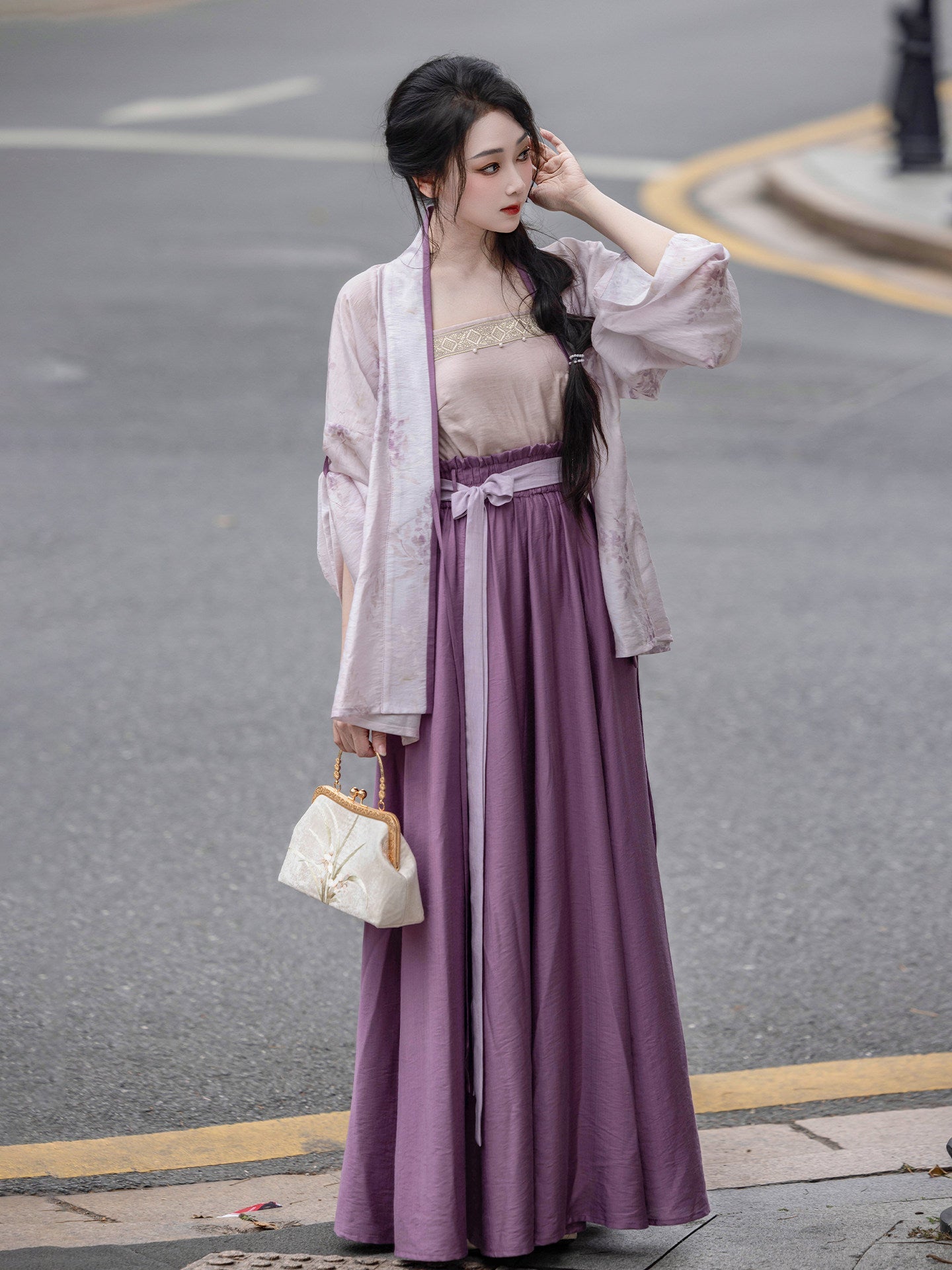 Song Dynasty Modern Hanfu Cardigan and Pocketed Skirt - Ice Wisteria 紫藤冰沙 (Preorder)