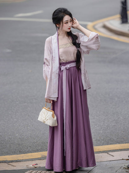 Song Dynasty Modern Hanfu Cardigan and Pocketed Skirt - Ice Wisteria 紫藤冰沙 (Preorder)