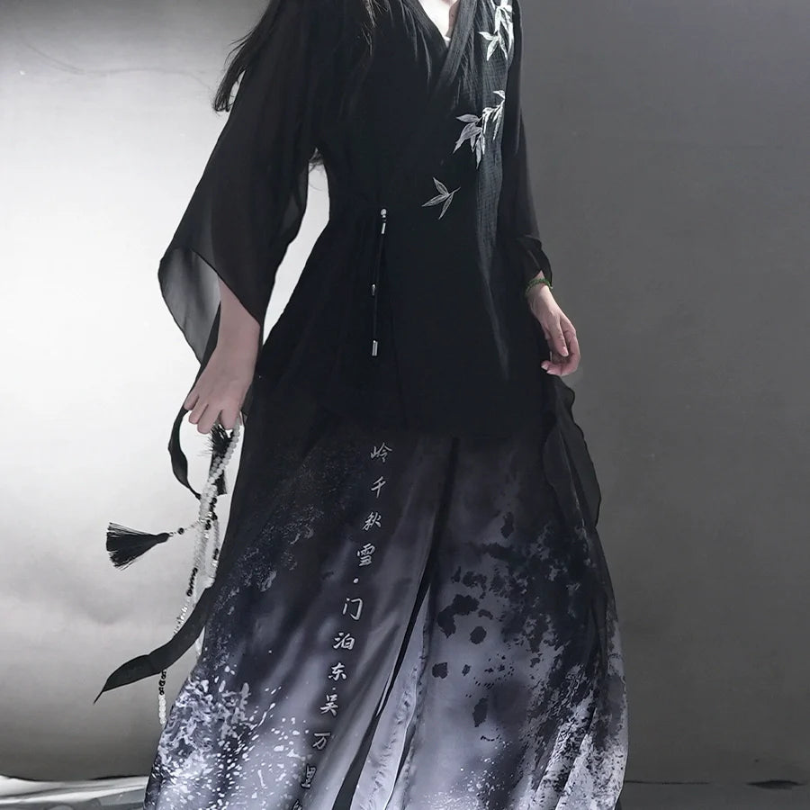 Whispering Bamboo 竹叶 - Unisex Cotton-Linen Cross-Collar Short-Sleeve Hanfu, Summer Zen Casual Chinese Robe (Preorder)