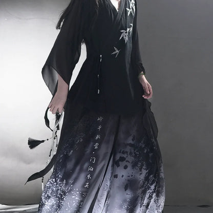 Whispering Bamboo 竹叶 - Unisex Cotton-Linen Cross-Collar Short-Sleeve Hanfu, Summer Zen Casual Chinese Robe (Preorder)