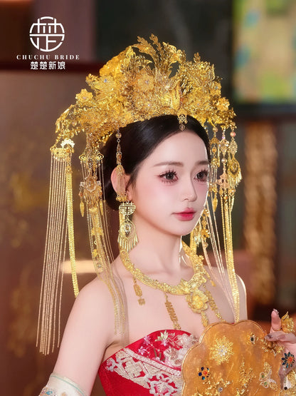 Champagne Empress - Luxurious Gold Phoenix Bridal Crown Full Headpiece for Hanfu Wedding Outfit