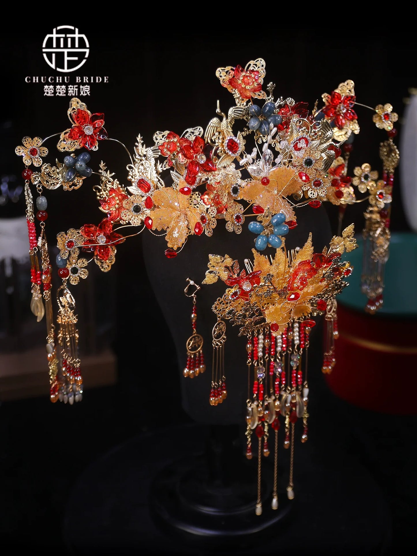 Crimson Majesty - Hanfu Crown Gold Red Luxury Bridal Phoenix Tiara for Xiuhe & Palace Hanfu Wedding Headpiece
