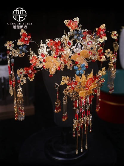 Crimson Majesty - Hanfu Crown Gold Red Luxury Bridal Phoenix Tiara for Xiuhe & Palace Hanfu Wedding Headpiece