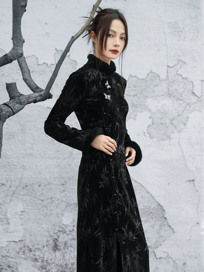 New Chinese Style Bamboo Leaf Embossed Slit Cheongsam Dress - Rongyue 溶月