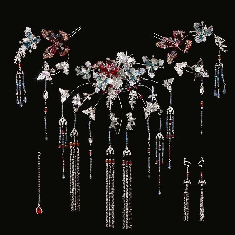 Winter Silver Butterfly - Tassel Bridal Hair Accessories Vintage Chinese Wedding Headpiece for Hanfu