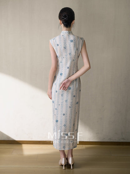 Sleeveless Floral Stripes Long Cheongsam | Shuhua