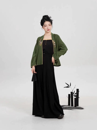 Song Dynasty Modern Hanfu Set with Winged Sleeve Top and Wide Leg Pants - Bookmark Butterfly 书签蝴蝶 (Preorder)