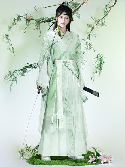 Fuyun 扶筠 - Round-Collar Embroidered Green Wide-Sleeve Xianxia Hanfu Set (Preorder)