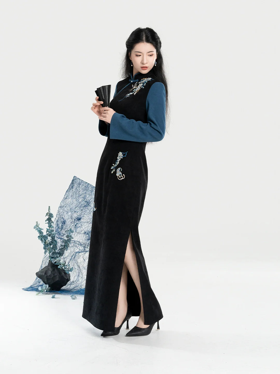 New Chinese Style Qipao Dress Embroidered Layered Long Sleeve Dress - Garden Butterfly 园中蝶 (Preorder)