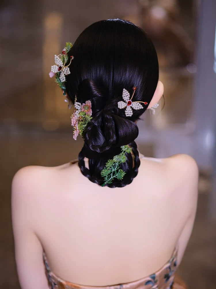 Romantic Pink Floral Bridal Hair Accessories Fairy-Style Chinese Wedding Headpiece for Xiuhe and Cheongsam Bride