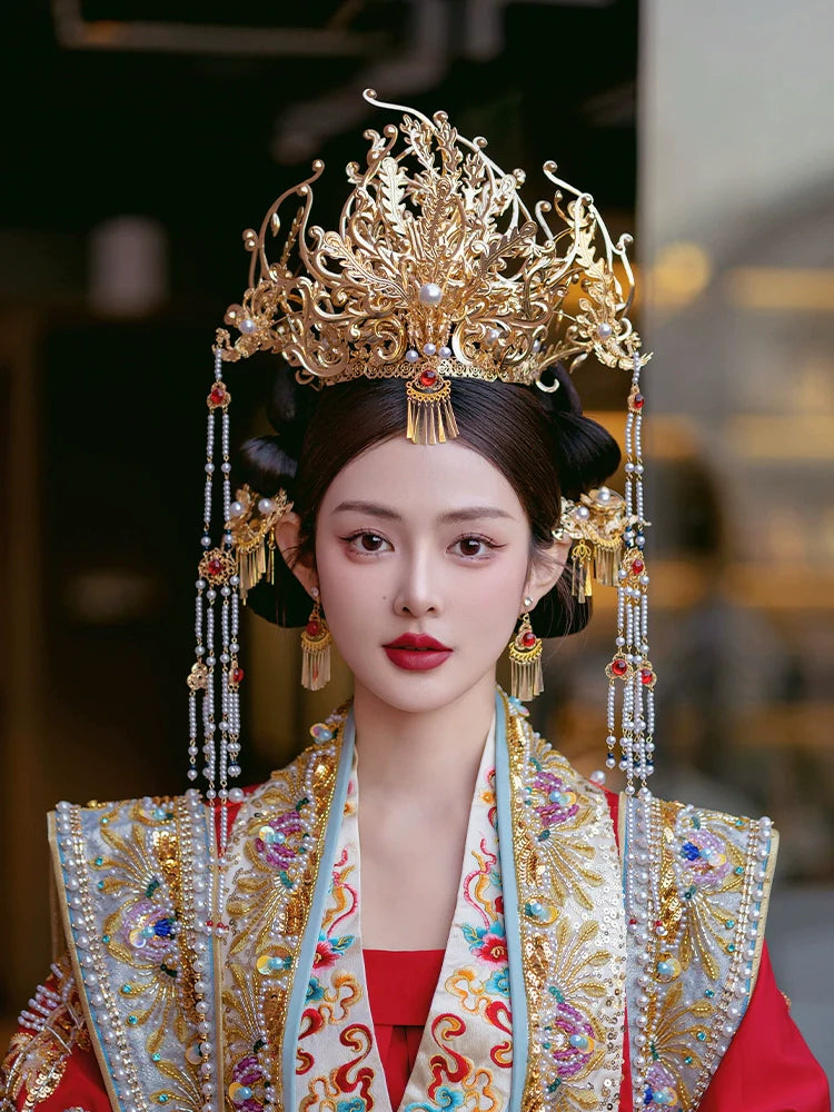 Song of the Golden Phoenix - Crown Bridal Headpiece Long Tassel Chinese Wedding Hair Accessories for Hanfu Bride
