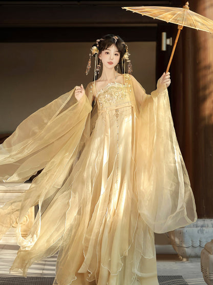 Chao Ge | Tang Dynasty Style Qixiong Ruqun Hanfu Set with Wide Sleeve Jacket
