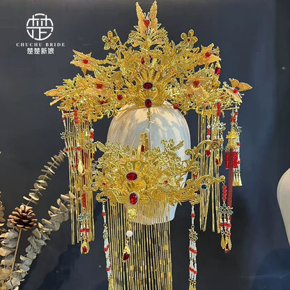 Golden Phoenix Charm - Traditional Chinese Hanfu Crown Luxury Gold Bridal Phoenix Tiara for Wedding Ceremony