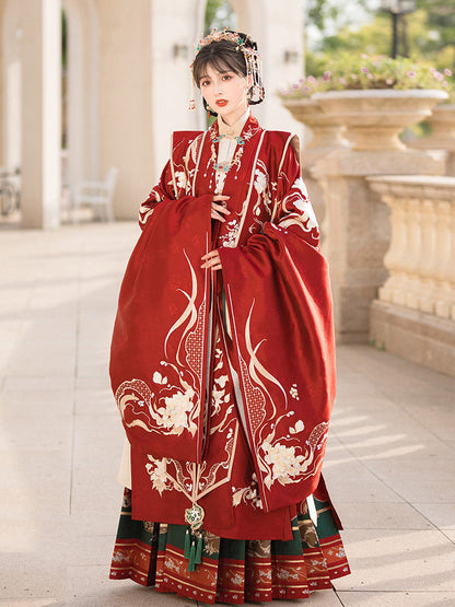Ming Dynasty Wedding Hanfu Set with Xiapei & Mamian Skirt | Floral Union 花缔良缘