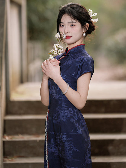 Short Sleeve Floral Long Cheongsam | Hengqing