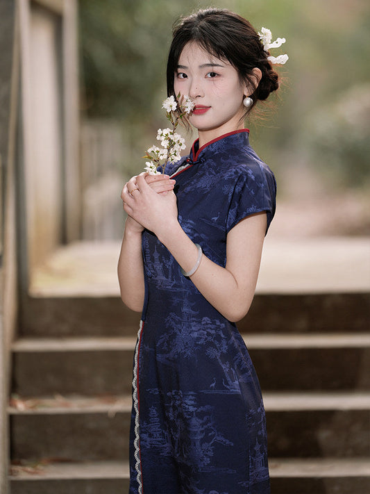 Hengqing short sleeve floral long cheongsam qipao — detail view