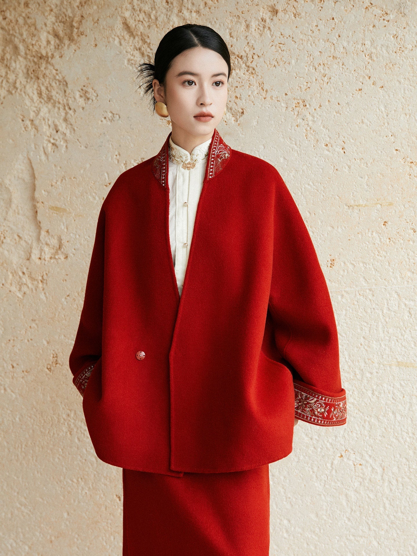 Festive Hanfu Wool Coat for Engagement, Tea Ceremony or Chinese New Year - Jujube Red 岁丰