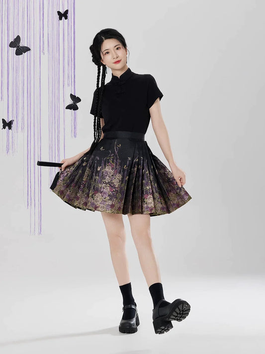 Huajian Chinese Blouse & Mini Mamian Skirt Outfit - modern Ming-inspired hanfu, front view