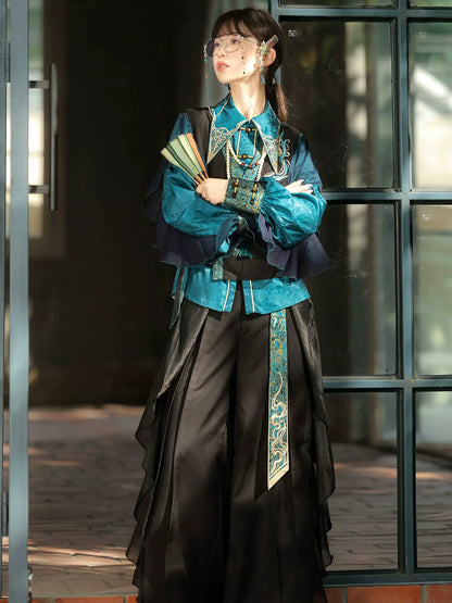 Qingluan Yu 青鸾羽 - New Chinese Style Retro Han Elements Vest, Blouse and Pants Outfit for Women