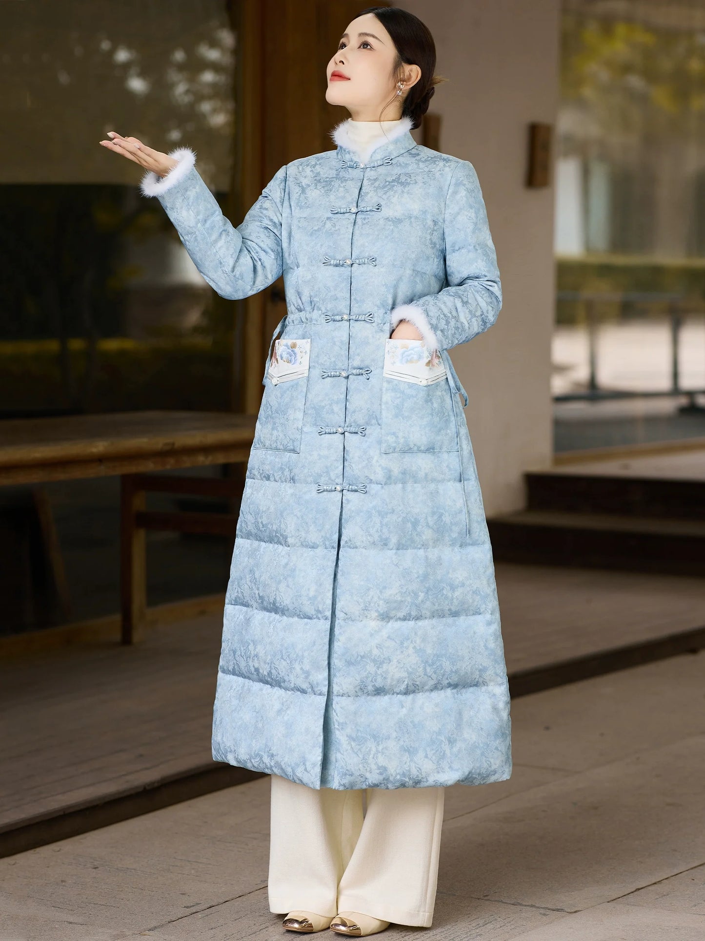 Pine Smoke 松烟客 - Sky Blue Down Coat for Women with Frog Buttons, Qipao-Inspired Winter Outerwear
