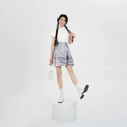 Ming Dynasty Modern Hanfu Top and Mamianqun Mini Skirt - Path of Flowers 一鹿莲生