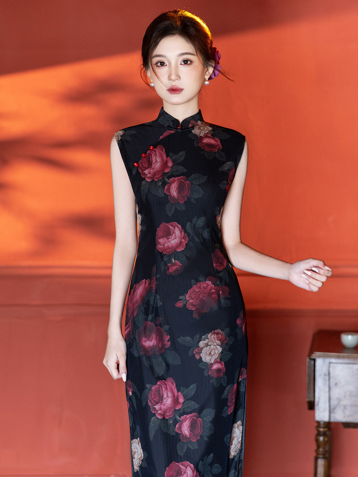 Sleeveless Floral Midi Cheongsam | Night Rose