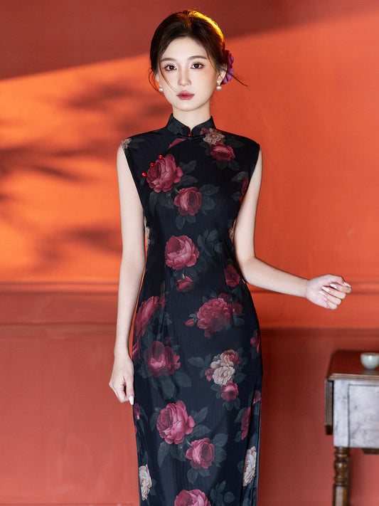 Night Rose sleeveless floral midi cheongsam qipao — detail view