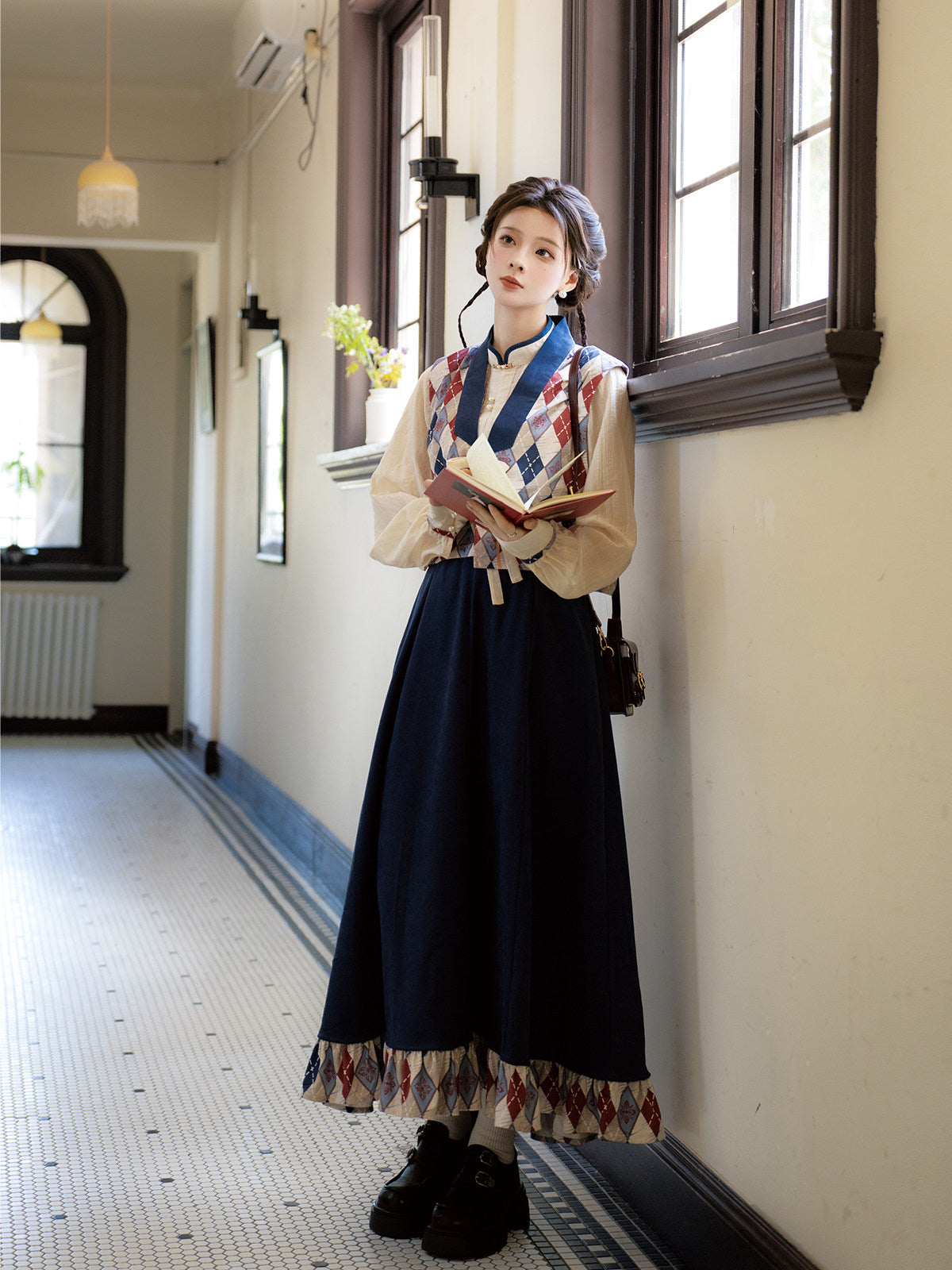 New Chinese Style Tencel Long Sleeve Top and Elastic Skirt with Pockets - Red Glaze 霁蓝红釉