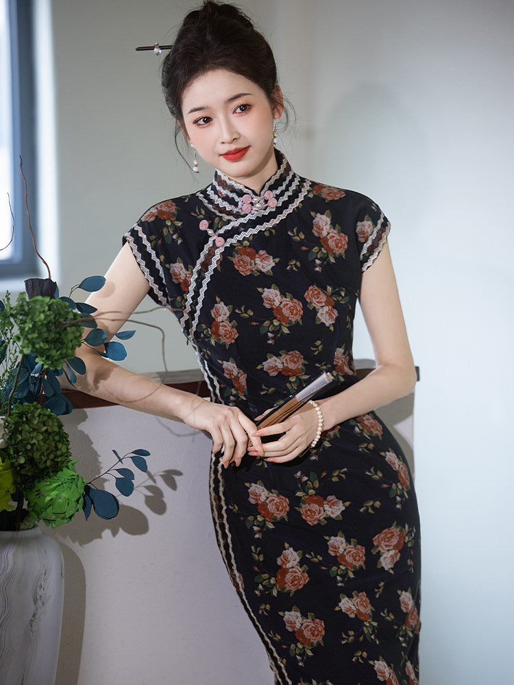 Short Sleeve Floral Long Cheongsam | Yingshan
