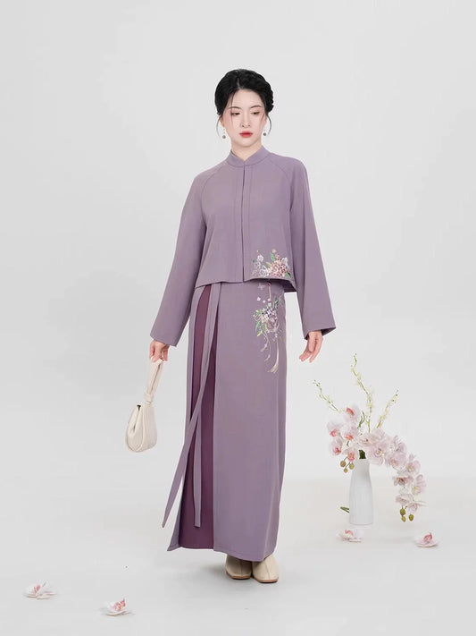 Ming Dynasty Modern Hanfu Long Sleeve Top with Spiral Skirt and Cloud Collar - Falling Wisteria 花落紫藤