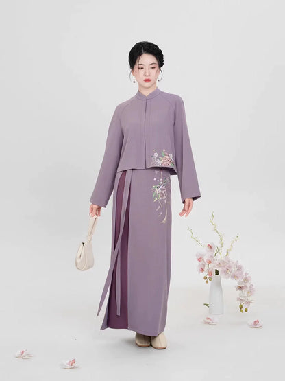 Ming Dynasty Modern Hanfu Long Sleeve Top with Spiral Skirt and Cloud Collar - Falling Wisteria 花落紫藤
