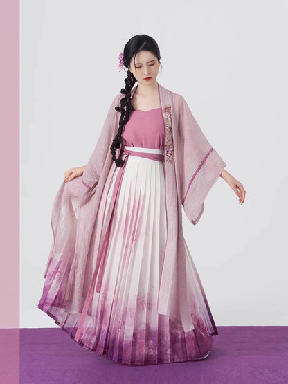 Song Dynasty Modern Hanfu Set with Changgan Temple Beizi and Wrap Skirt - Pink Carved Jade 粉雕玉琢 (Preorder)